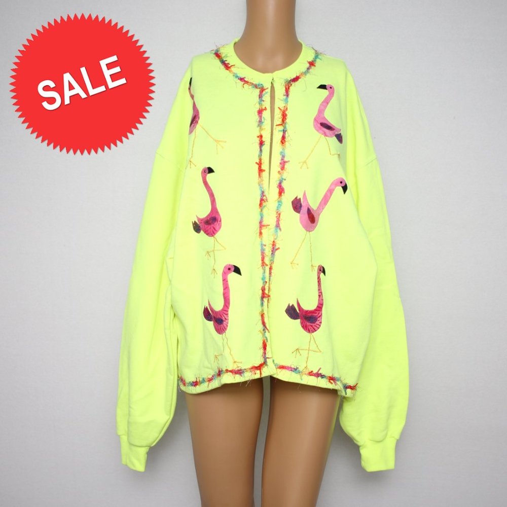 Jerzees Nublend Neon Yellow & Pink Flamingo Sweater Cardigan XL